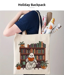 Close-up of a ghost reading books illustration on a large canvas tote bag