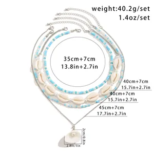Detailed size specifications for ocean-style layered necklace with shells and tassels