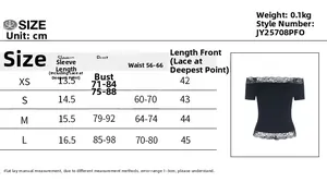 Size chart for lace off-shoulder top with sleeve, bust, waist and length dimensions