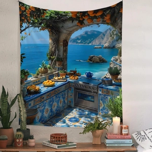 Detail of Mediterranean tapestry featuring sea view tiles and fruit basket decor