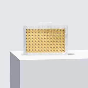 White marble acrylic evening bag with yellow woven straw texture and top push clasp