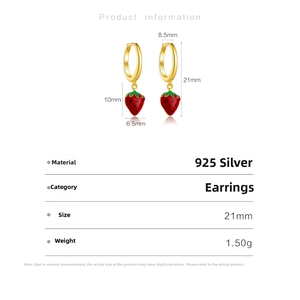 Detailed size specifications for red enamel strawberry drop earrings in S925 sterling silver