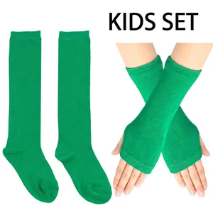 Detail of bright green striped knitted arm warmers and knee socks set for children