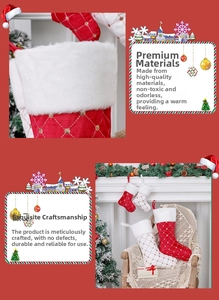 Detail of red and white Christmas stockings with sequins on a cozy mantel background
