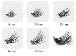 Detailed grid display of individual black cluster lashes in lengths from 8mm to 16mm