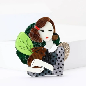 Creative Cartoon Acrylic Brooch Pin Girl Holding Rabbit Design Multicolor Glitter Embellishment For Women Suit Cardigan Jewelry Gift