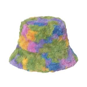 Colorful plush tie-dye bucket hat for women with thick faux fur for winter warmth