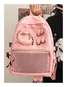 Detail of pink Japanese style school backpack with transparent mesh storage pocket