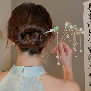 Pic À Cheveux Chinois Vintage Alliage Fausse Künstliche Perle Long Gland Bouton Floral Élégante Fourche À Cheveux Pour Hanfu