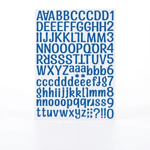 Detail of dark blue waterproof vinyl letter and number stickers set in font A05