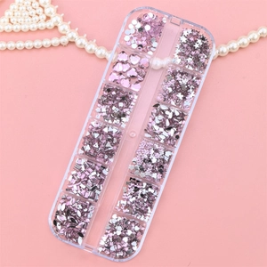 12-grid storage box with purple and silver butterfly nail charms and rhinestones
