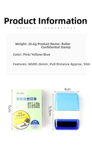Detail view of the 26mm wide privacy roller stamp with specifications and blue body color