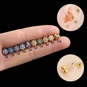 Stainless Steel Flower Cartilage Piercing Stud Colorful Zircon Screw Ball Back Tragus Helix Fashion Body Jewelry