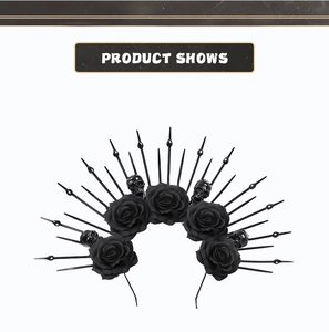 Detail of gothic crown headband with black roses, mini skulls and radial spikes