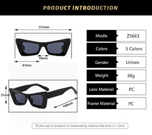 Detailed size specifications for cat-eye sunglasses with geometric PC frame dimensions