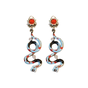 Vintage snake-shaped earrings with red gems and colorful enamel inlay with crystals