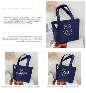 Blue corduroy tote bag showing dimensions 35x28x7cm with cute bunny embroidery detail