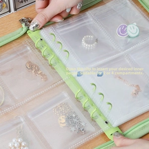 Detail view of the green zipper binder ring and PVC jewelry pouches on wood background