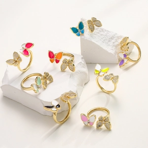 Butterfly Open Ring 18K Gold Plated Copper Enamel Micro Pave Zirconia Adjustable Fashion Jewelry For Women