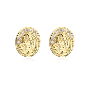 18K gold plated virgin mary oval stud earrings with micro-paved cubic zirconia stones