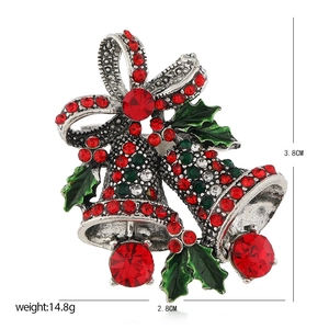 Christmas bow and bell brooch with red and green rhinestones, dimensions 3.8 x 2.8 cm