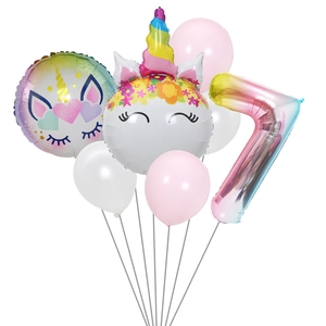 Unicorn birthday party balloon set with rainbow unicorn foil and large pink number 7