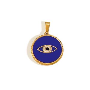 Macro shot of a 24k gold evil eye pendant with blue enamel and twisted rope border