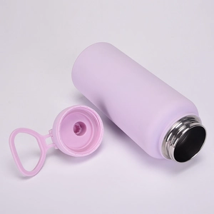 Detail of lavender matte stainless steel bottle opening and purple lid with carry loop