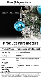 Detail of 8cm blue PET Christmas ball ornaments with ribbons on a snowy tree
