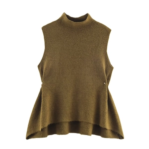 Women Sleeveless Knit Peplum Top Mock Neck Asymmetric Hem Fuzzy Sweater Vest With Metal Side Buckles Elegant Brown