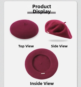 Detailed views of wine red wool beret showing top, side, and inner lining details