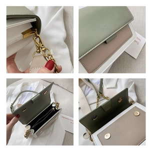 Fashionable tri-color crossbody square bag in green and pink with gold chain strap