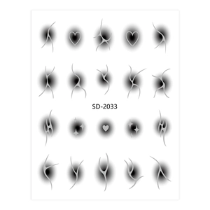 Close-up of Y2K style nail stickers SD-2033 with silver metallic lines and black gradient