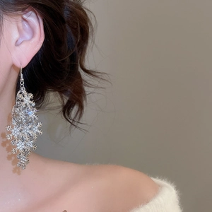 Close-up of elegant silver snowflake tassel earrings with sparkling rhinestones on model