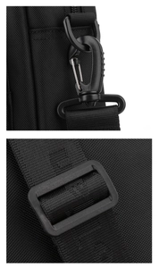 Detail of durable black nylon strap with rotating metal hook and adjustable buckle