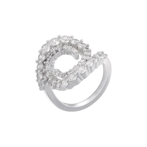 Macro shot of silver wave ring featuring sparkling clear cubic zirconia accents