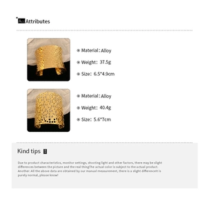 Specifications of gold alloy cuff bracelets with hammered and hollow woven patterns