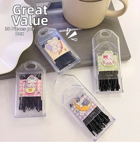 30pcs wavy black bobby pins in a clear storage case with cute cartoon stickers