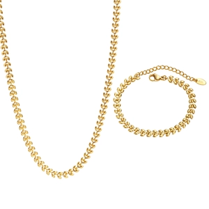 Minimalist golden wheat chain necklace and bracelet jewelry set for women in 18K gold