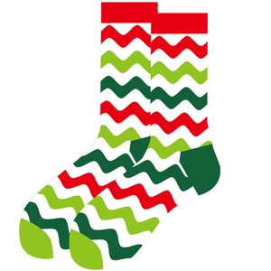 Detailed view of Christmas mid-calf socks with red and green wave patterns on white background