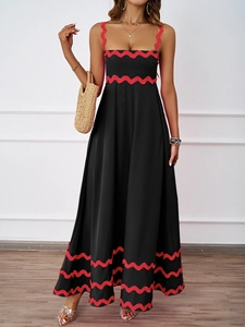 Detailed scalloped red edge contrast on black summer maxi dress with high waist design