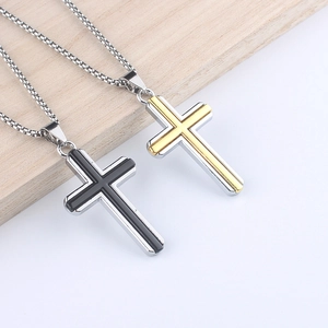 Collier Pendentif Croix Chaîne À Billes En Acier Inoxydable Alliage Bijoux Religieux Simple Personnalisé Accessoire Unisexe