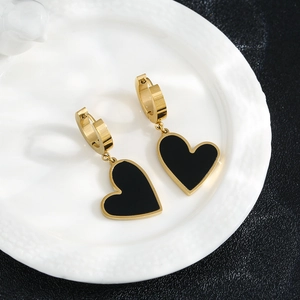 Elegant gold-plated stainless steel heart earrings with black shell inlay on white plate