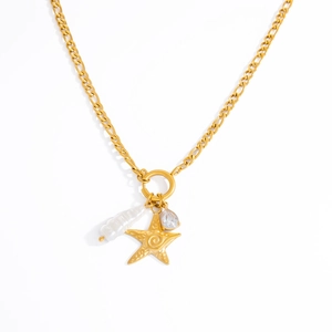 Gold stainless steel necklace with starfish, baroque pearl and drop-shaped zircon pendants