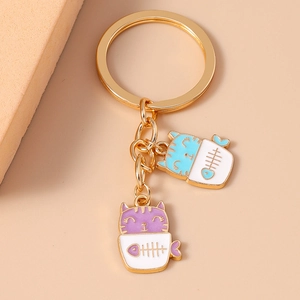 Cute cartoon cat in potted cup keychains with golden metal ring and fishbone pattern