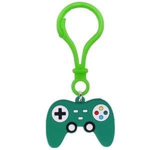 Macro shot of green silicone game controller keychain with colorful buttons and green hook