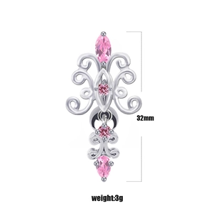 Exquisite pink heart zircon belly ring in silver finish with vintage pattern detailing