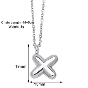 Detailed view of silver 3D letter X pendant with dimensions and chain length specs
