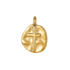 Macro di pendente a croce placcato oro 14K con trama a disco a onde irregolari