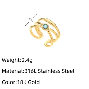 Detailed view of layered 18K gold stainless steel ring with blue zircon inlay and dimensions